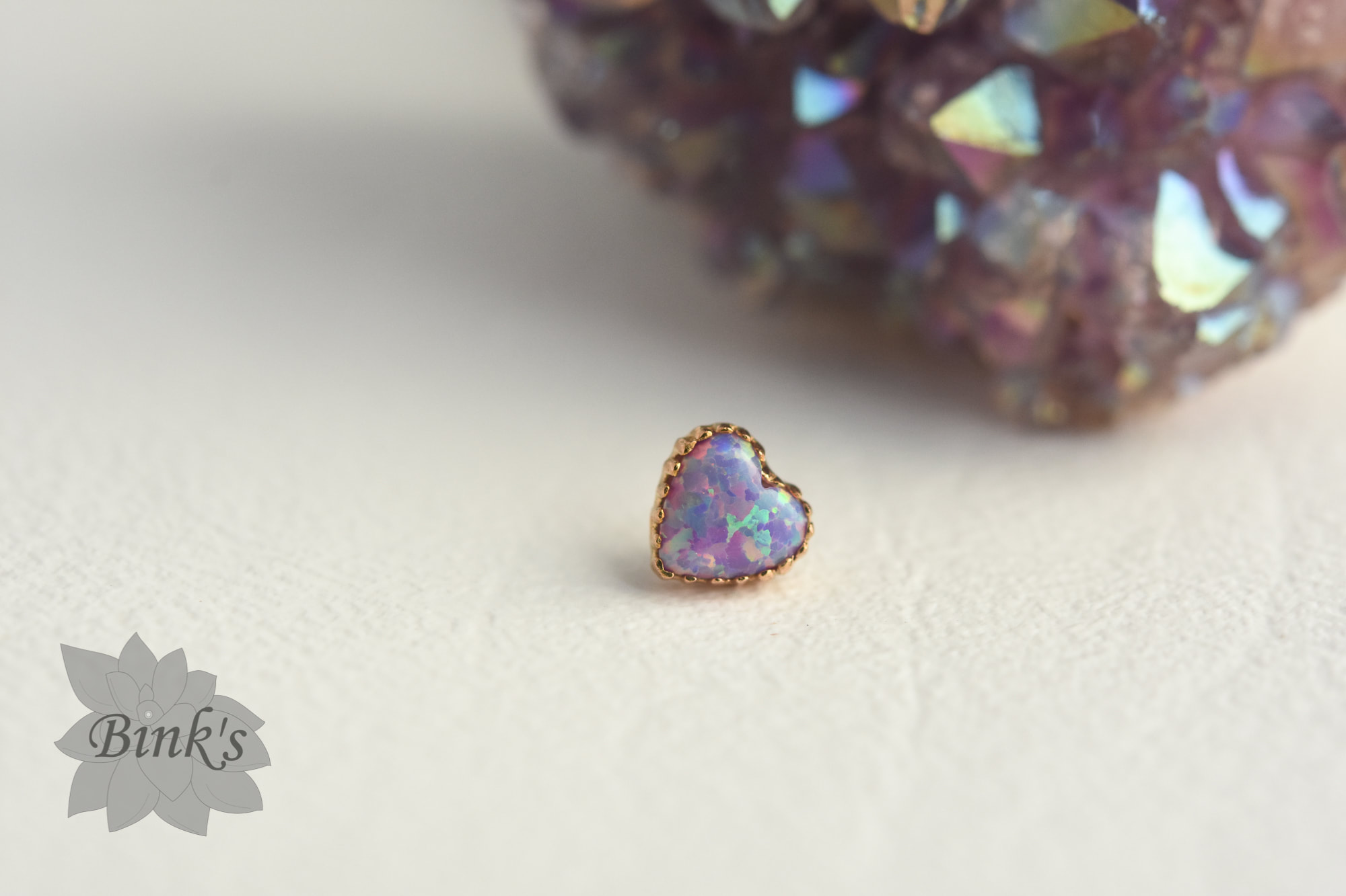 White or Light Purple Opal Heart in Rose Gold Threadless End